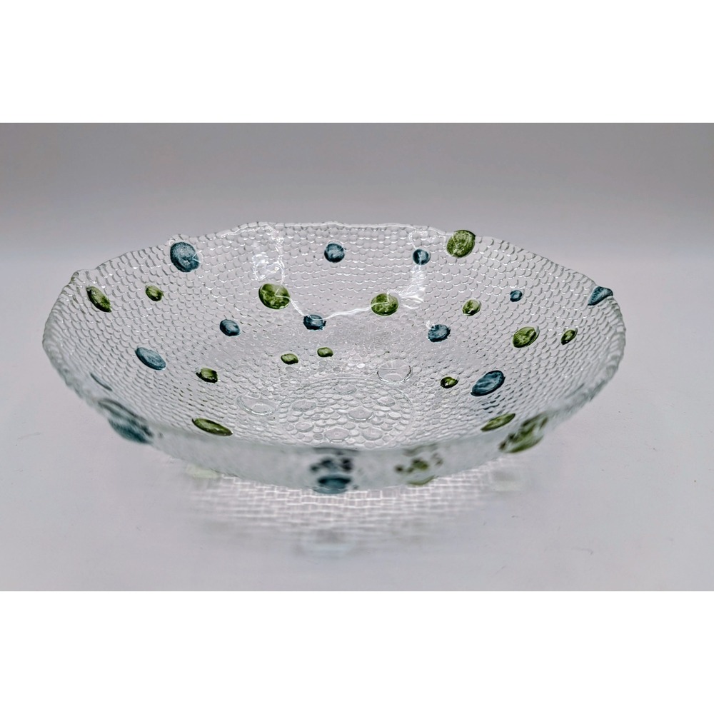 Art Glass Bubble Textured Polka Dot Bowl Blue Green Clear Hand Blown 6.75 Inch